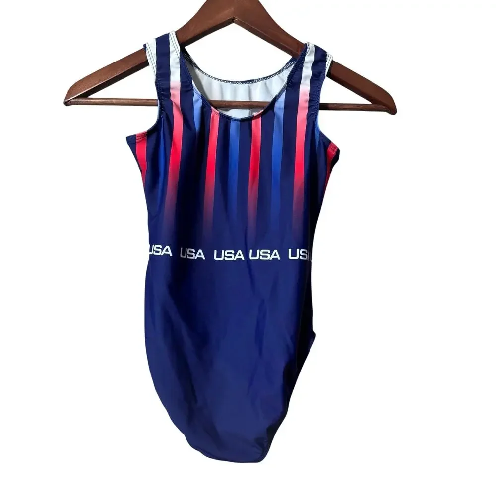 Destira USA Patriotic Foil Tank Leotard Size Child Large Red, white and blue